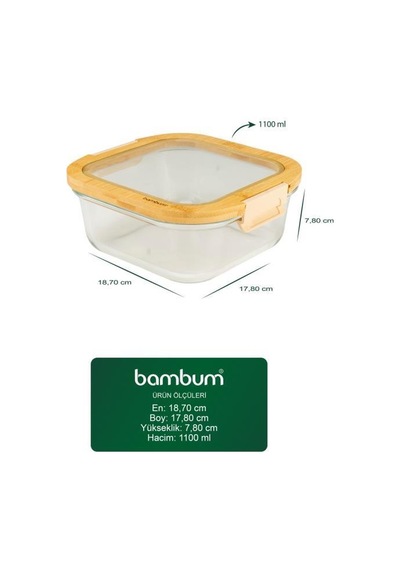 Bambum Poira - Cam Kapaklı Kilitli Cam Saklama Kabı 1100 Ml Bambu