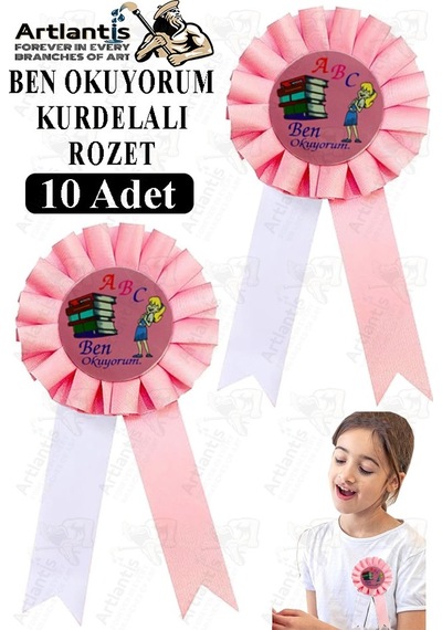 Ben Okuyorum Kurdelalı Rozet 10 Adet Pembe Beyaz Yaka Rozeti Çocuk Bayram Etkinlik 15 Cm Kokart