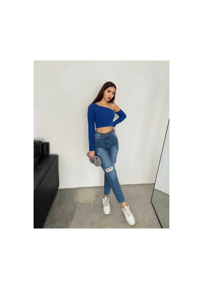 Kene Jeans Yüksek Bel Mavi Çift Diz Lazer Yırtık Mom Jeans Mavi