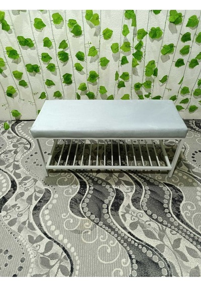 Özcan Metal Beyaz Metal Ayaklı Raflı Bench Puf Bank Antre Mutfak Salon Yatak Odası Puf Bank 105 40 Gümüş