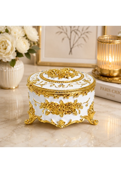 Yuvarlak Renkli Gold İşlemeli Mücevher Kutusu Beyaz
