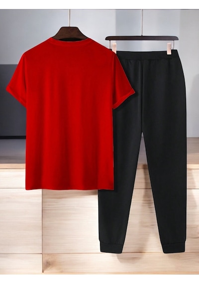Uyguntarz Unisex Dr: Ayı Tasarım Basklı Tshirt Eşofman Takımı Kırmızı