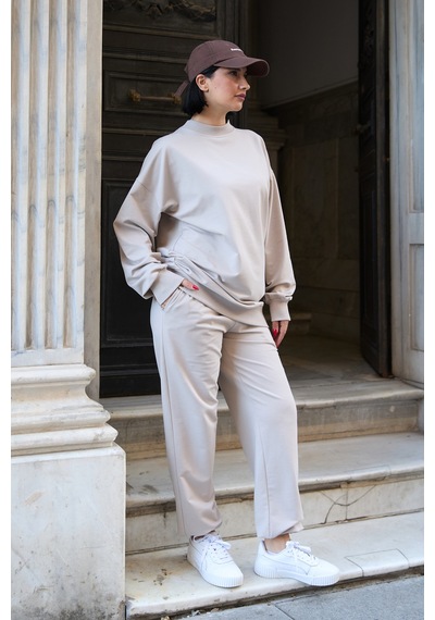 Mezka Regular Fit 2'li Takım Sweatshirt Beli Lastikli Jogger Eşofman Altı Bej