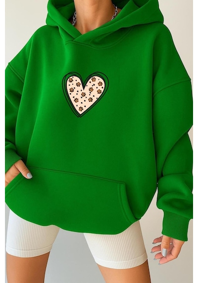 Benroma 3 İplik Penye Kalp Unisex Kapüşonlu Sweat Yeşil