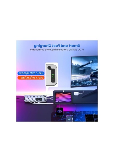 5'li Işıklı Akım Korumalı Priz, 2 Metre Kablo Ve Usb Girişleri İle