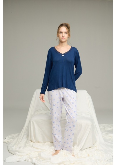 Siyah İnci Örme Pamuklu Pijama Takım25240199 Lacivert