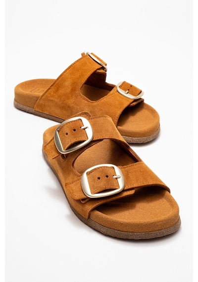 Luvishoes Luvi Shoes Ovesta Taba Süet Hakiki Deri Çift Bantlı Kadın Terlik Taba