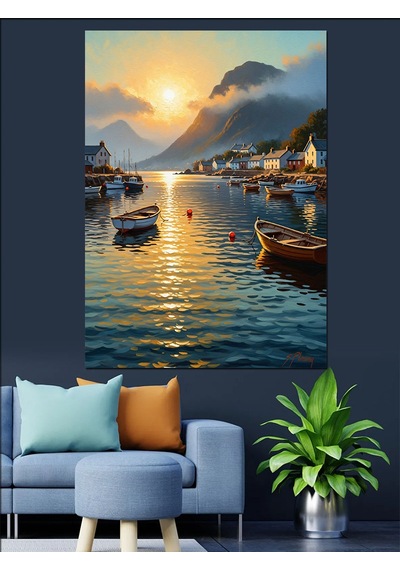 Ahşap Tablo Akşam Vakti Işıklı Sahil Şehri