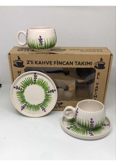 Mor Yeşil Desenli El Yapımı 2'li Seramik Kahve Fincan Takımı Çok Renkli