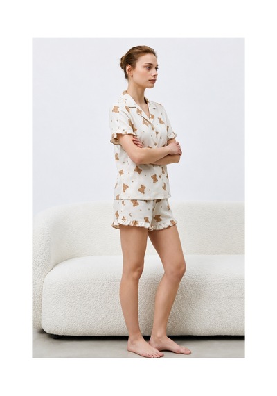 Fit Women Kadın Premium Fırfırlı Kar Beeyaz Pijama Takımı Kar Beyaz