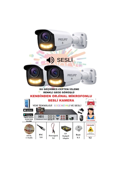 3 Lü Sesli Güvenlik Kamerası 5 Mp Gece Renkli Yüz Ve Araç Tanımalı Full Hd Kamera Sistemi