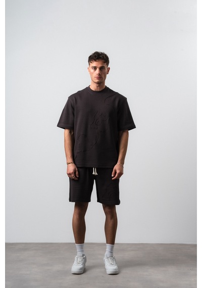 Erkek Nakış Detaylı Regular Fit T-shirt Şort Takım Kahve Kahverengi
