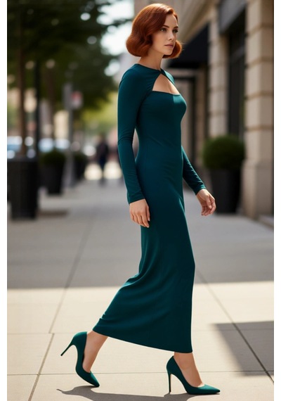 Ersefa Fashion Forward Kadın Bodycon Maxi Elbise Uzun Kollu Bisiklet Yak Zümrüt Yeşili