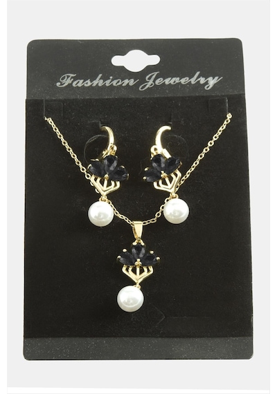 Çiçek - 401 - İnci Zirkon Taşlı Set - Kmrsfres - Kolye Siyah