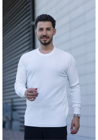 Hk Premium Erkek Fitilli Slim Fit Bisiklet Yaka Triko Kazak Beyaz