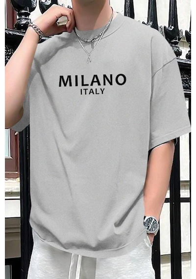 Erkek Milano Baskılı Oversize Tshirt Gri