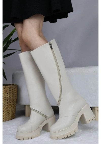 Preshley Kadın Carina Krem Cilt Döner Fermuarlı 8 Cm Platform Topuklu Diz Altı Çizme Krem Cilt Krem Preshley Kadın Carina Krem Cilt Döner Fermuarlı 8 Cm Platform Topuklu Diz Altı Çizme Krem Cilt Krem