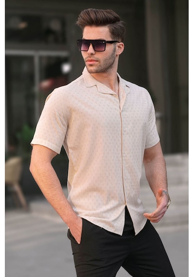 Madmext Bej Slim Fit %100 Pamuk Kısa Kol Erkek Gömlek 5585 Bej