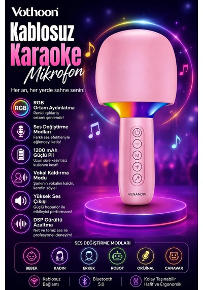 Çocuk Ve Yetişkin Karaoke Mikrofonu Kablosuz Rgb Ambiyans Işığı Ses Değiştirme Modlu Hoparlör - 100