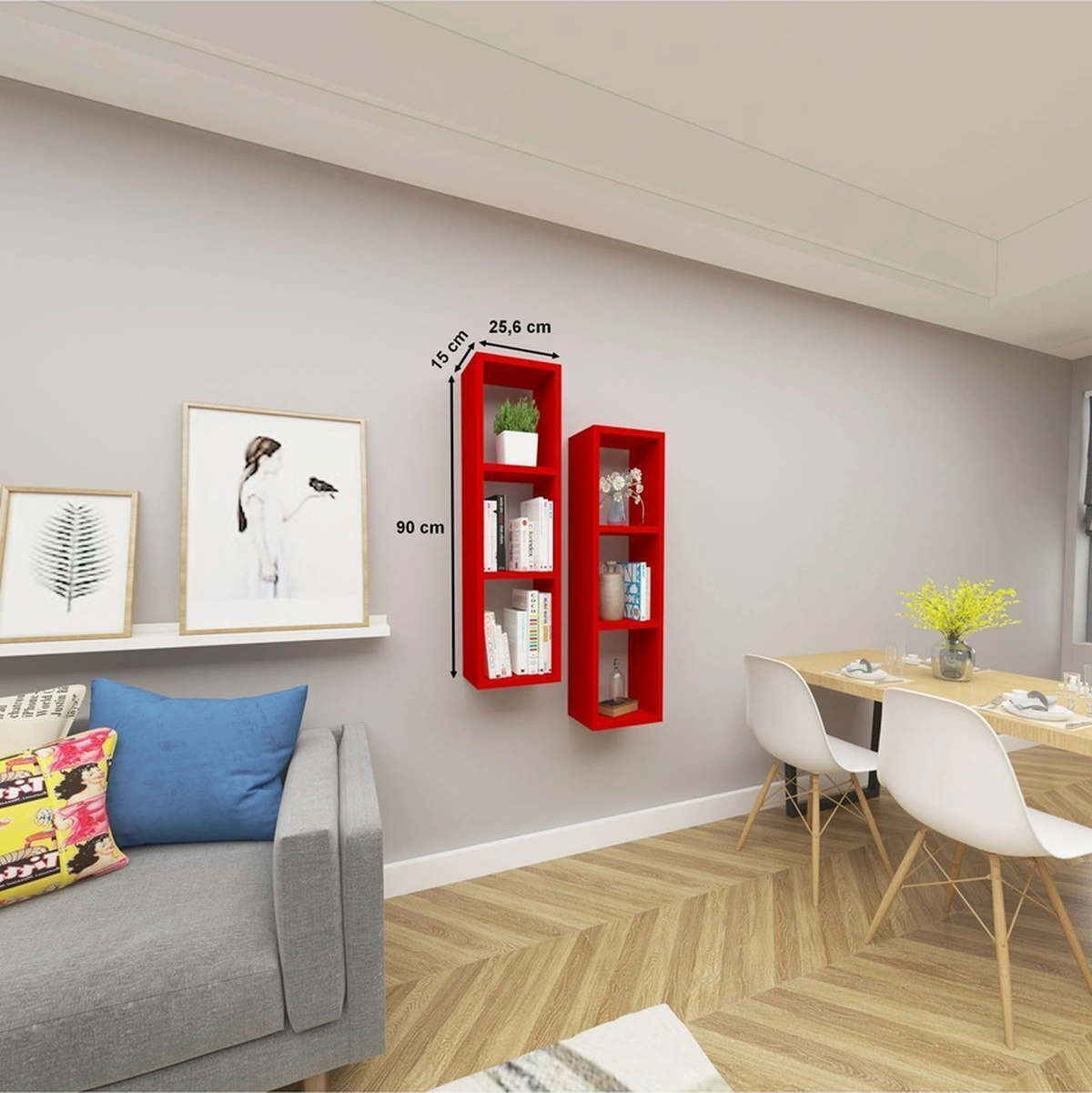 Kitaplık Salon Duvar Rafı Çapraz Ikili Mobilya Takım Kırmızı Kırmızı