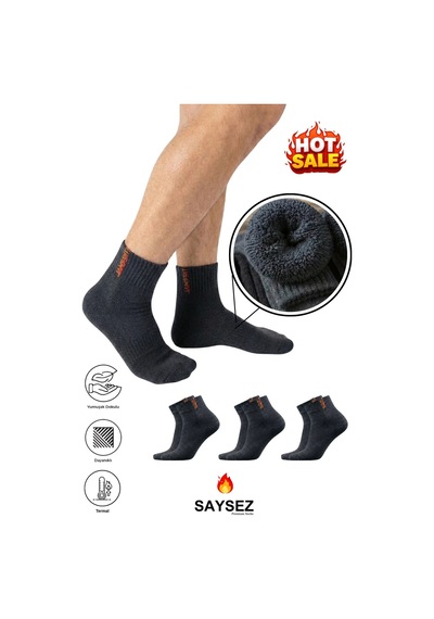 Saysez 3 Çift Termal Erkek Kışlık Patik Yarım Konç Havlu Kalın Çorap Dikişsiz Antrasit Renk Premium Pamuk Antrasit