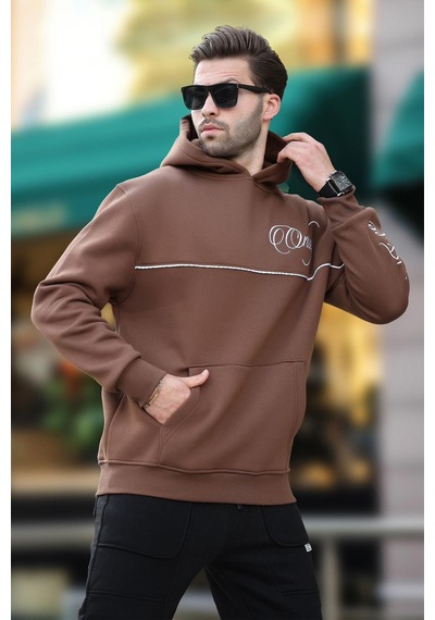 Madmext Kahverengi Kapüşonlu Şerit Detaylı Baskılı Erkek Sweatshirt 7091 Kahverengi