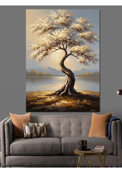Ahşap Tablo Beyaz Çiçekli Hayat Ağacı Sanatı