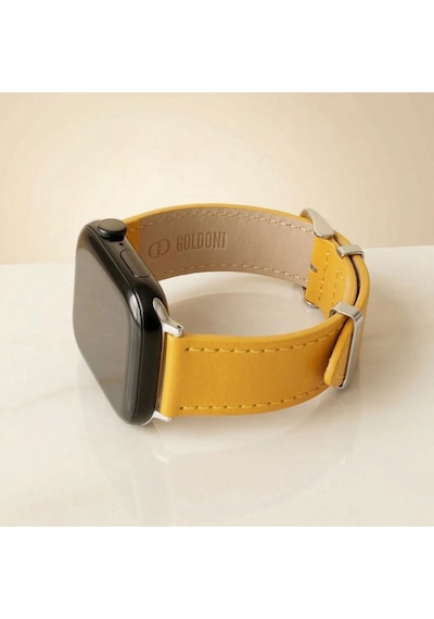 Goldoni Apple Watch Uyumlu Sarı İnce Gerçek Deri Kordon El Yapımı