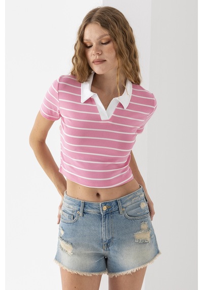 Giysa Kadın Polo Yaka Çizgili Pamuklu T-shirt Pembe Beyaz - 25795 Pembe - Beyaz Giysa Kadın Polo Yaka Çizgili Pamuklu T-shirt Pembe Beyaz - 25795 Pembe - Beyaz
