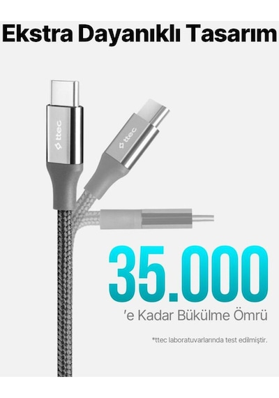 Ttec 3 Metre 65w Süper Hızlı Type C To Type C Şarj Ve Data Kablosu, Kopmaz Yıpranmaz Pd/qc Şarj