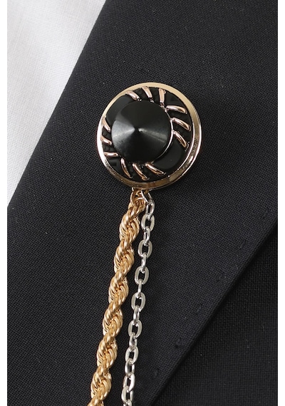 Esgue Gold Zincirli Ceket Yaka & Gömlek Düğme Broşu Gold - Gümüş - Siyah