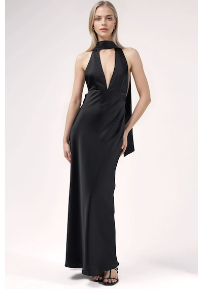 Hiccup V Yaka Bodycon Maxi Elbise Siyah