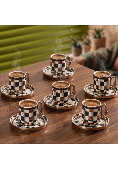 Perotti 16992 Gümüş Dama 6 Kişilik Porselen Fincan Seti 12 Parça Türk Kahvesi Fincanı Takımı-90ml Çok Renkli