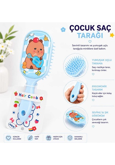 5 Farklı Seçenekli Sevimli Hayvan Desenli Yumuşak Uçlu Ergonomik Çocuk Saç Tarağı Fırçası,