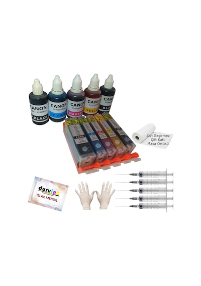 Canon Mg7150 Mg7500 Mg7550 Uyumlu Kolay Dolan Kartuş+5x50ml Mürekkep 5 Renk Dolu