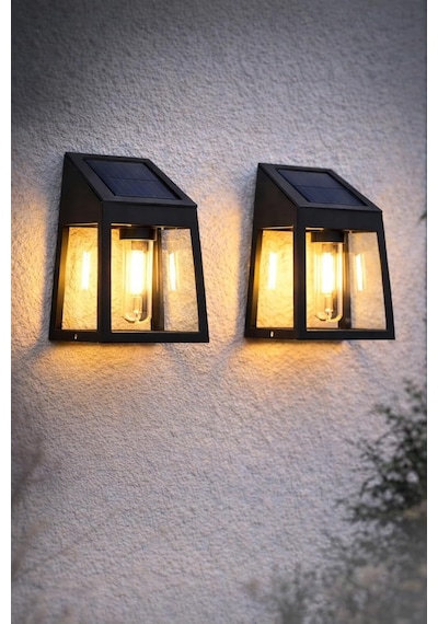 Solar Duvar Aplik, Siyah, Ip44 Su Geçirmez, Sensörlü, Güneş Enerjili, 2'li Set, Bahçe Ve Balkon