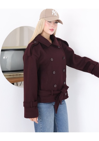 Moda Banuş Kadın Kuşaklı Kruvaze Kaşe Trenç Ceket 2976 Mürdüm