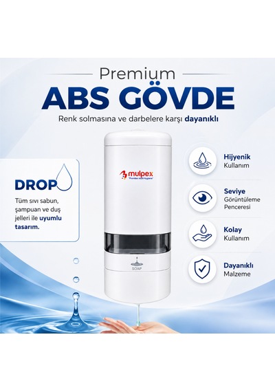 Mulpex 480 Ml Sıvı Sabunluk Beyaz Duvar Tipi Abs Dispenser, Kilitli Kapak Ve Seviye Göstergeli