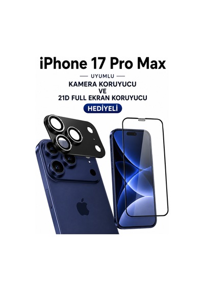 iPhone Uyumlu 17 Pro Max Taşli Kamera Koruyucu+ Ekran Koruyucu Set Si Yah