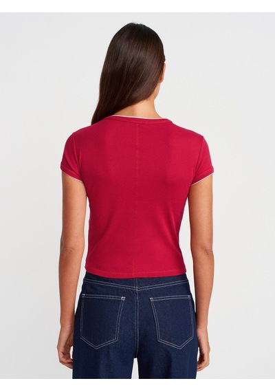 Dilvin 31750 Kontrast Kısa Kollu Tshirt-Koyu Kırmızı