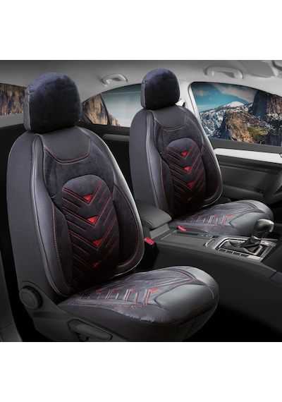Renault Clio 4 Oto Koltuk Kılıfı 5'li Set Lüks Deri, Kadife Detaylı Prosev Model Siyah Kırmızı