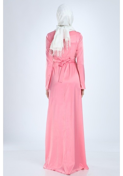Moda Labio Modalabio Saten Tesettür Incili Pembe Hamile Elbise
