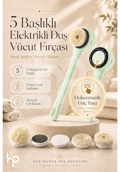 5 Başlıklı Elektrikli Duş Vücut Fırçası Hızlı Şarjlı Body Scrubber Masaj Bakım Cihazı