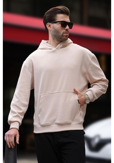 Madmext Bej Kapüşonlu Cep Detaylı Dokulu Sweatshirt E7101 Bej
