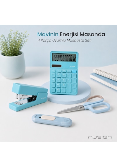 Nusign Hesap Makinesi &zımba & Makas Kırtasiye Seti - Mavi