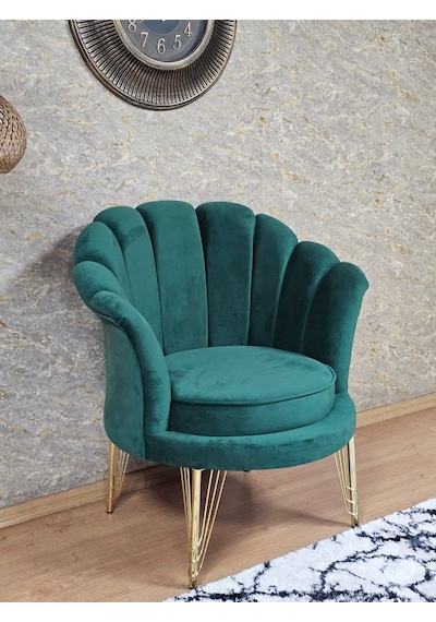Zafir Tekli İstiridye Gold Kaplama Telli Ayak Çay Seti Koltuk Tekli Berjer , Balkon, Salon, Ofis Yeşil