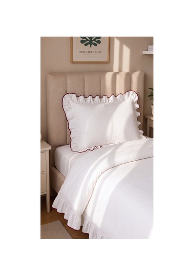 %100 Pamuk Overloklu Fırfırlı Tek Kişilik Nevresim Takımı Lastikli Çarşaflı 160x200 Cm Bordo - 904799828 Bordo