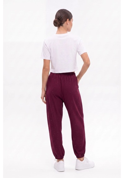 CEMO Beli Ve Paçası Lastikli Simli / Işıltılı Siyah Şalvar Pantolon Bordo