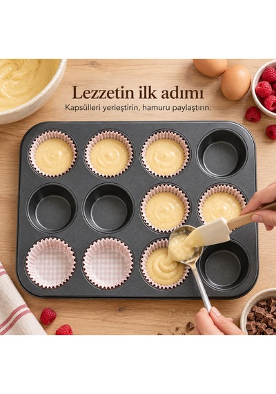 12 Gözlü Muffin Cupcake Kek Kalıbı, Karbon Çelik Çift Kat Yapışmaz Kaplamalı Fırın Tepsisi, Brownie, Kurabiye Diğer