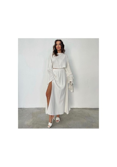 Unika Boutique Ham Keten Bohem Bluz Etek Takım beyaz